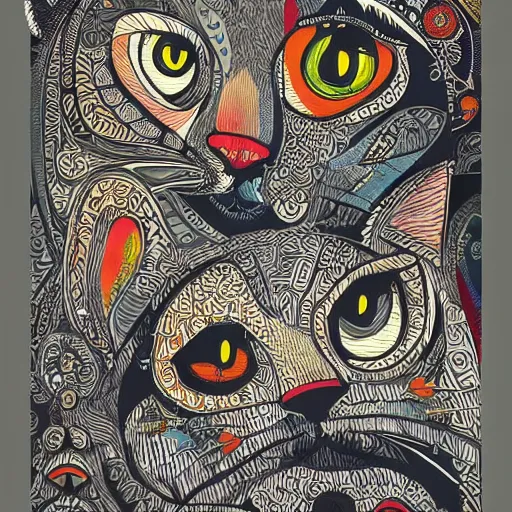 Image similar to A highly stylized conceptual art 4k shaded, finely detailed, matte illustration with intricate patterns of two abstract expressionist cats intertwined together in the style of Kandinksy