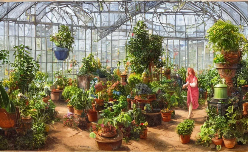 Prompt: a greenhouse with alien plants, potions, fountain in the middle, fantastic lighting, oil painting, high detail, a women working behind a counter