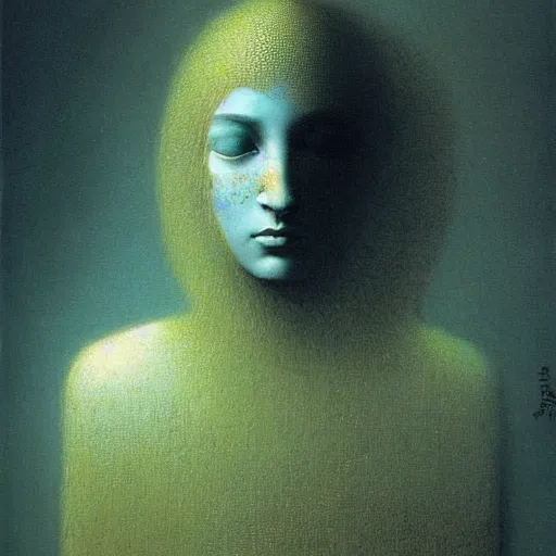 Image similar to portrait of ethereal young crow princess in golden armour by Beksinski