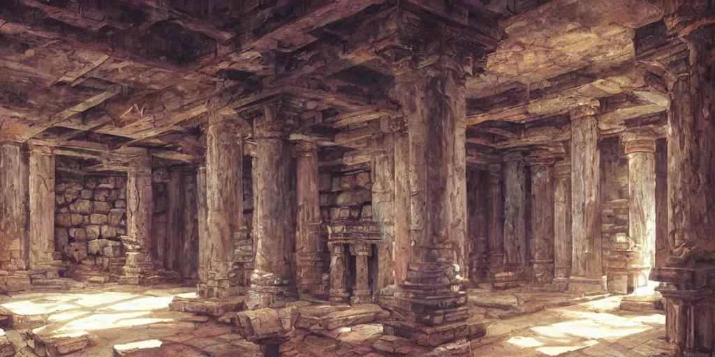 Image similar to deadly traps, ancient temple, pillars, tomb raidar, indiana jones, altar, traps, from inside a temple, temple run, painted by greg rutkowski