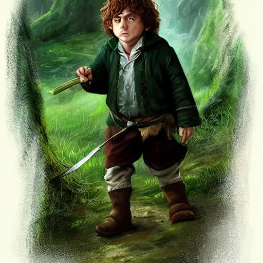 Image similar to a young hobbit with short hair and a dark green cloak hiking through the forest, trending on artstation, realistic, detailed, by Tony Sart