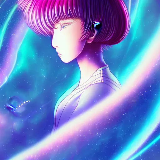 Prompt: portrait of a young astronaut girl by murata range, flowing white hair, loish, yoshitoshi abe, synthwave, manga, vibrant, gradation, beautiful, dreamy, ((space nebula background))