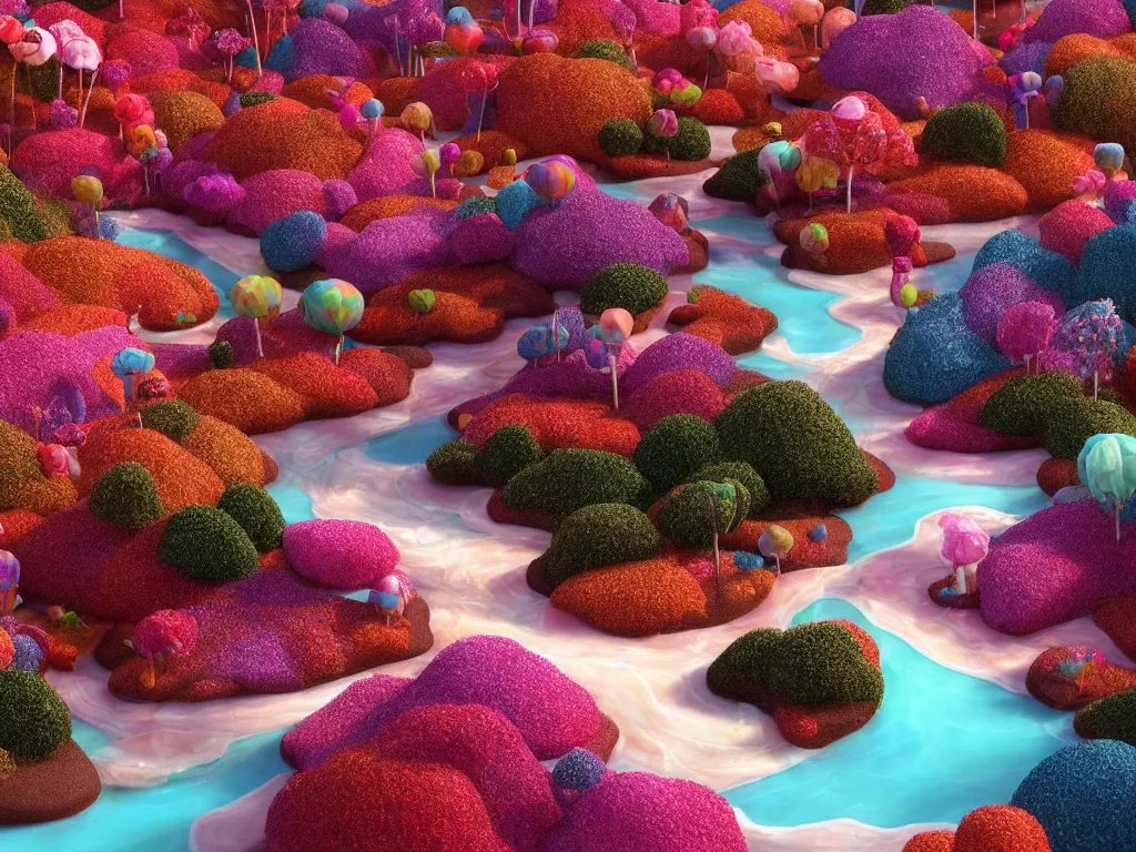 Prompt: an ultra realistic dream landscape of a chocolate river, trees made of candies cotton candy bushes roads made of buiscuits, octane render, unreal engine, 4 k, masterpiece, tilt shift, david lachapelle, alice in wonderland, trending on artstation,