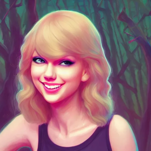 Image similar to trail cam footage of taylor swift smiling into the camera, art by lois van baarle and loish and ross tran and rossdraws and sam yang and samdoesarts and artgerm and saruei and disney, digital art, highly detailed, intricate, sharp focus, trending on artstation hq, deviantart, unreal engine 5, 4 k uhd image