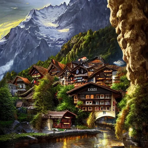 Image similar to Switzerland, high resolution fantasy concept art, realistic, intricate details