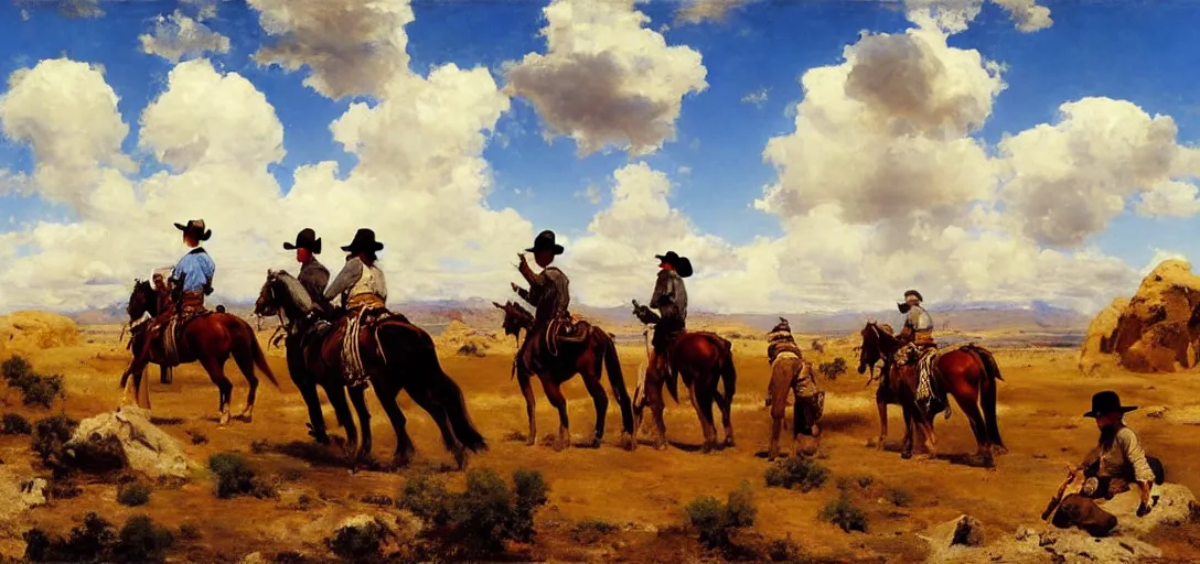 Image similar to painting of a strikingly beautiful blue sky with puffy white clouds over a western landscape, cowboys are having a shootout by eugene von guerard, ivan shishk, rosa bonheurn, john singer sargent, 4 k