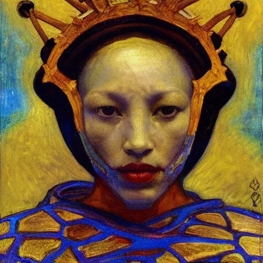 Image similar to the crown of bees, by Annie Swynnerton and Nicholas Roerich and Diego Rivera, blue skin, elaborate costume, geometric ornament, rich color, dramatic cinematic lighting, smooth, sharp focus, extremely detailed