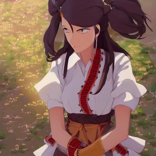 Image similar to a beautiful women instagram model, brown skin, wearing elegant catholic school girl designer fashion with mayan pattern and native style, aztec street fashion, gapmoe yandere grimdark, trending on pixiv fanbox, painted by greg rutkowski makoto shinkai takashi takeuchi studio ghibli, akihiko yoshida