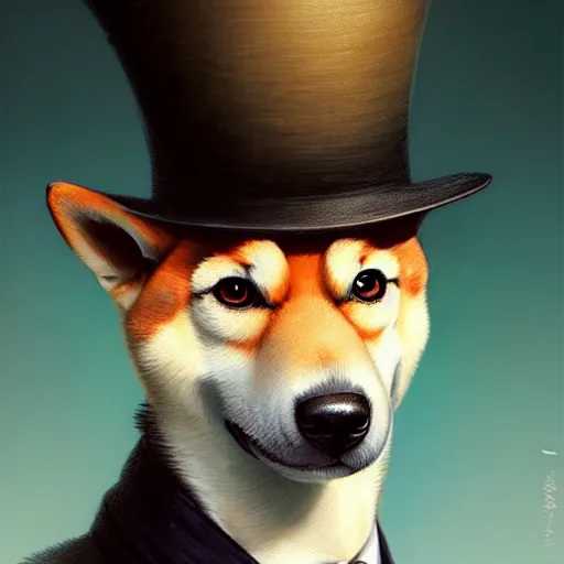 Prompt: portrait painting of a cute shiba inu gentleman with top hat, ultra realistic, concept art, intricate details, eerie, highly detailed, photorealistic, octane render, 8 k, unreal engine. art by artgerm and greg rutkowski and charlie bowater and magali villeneuve and alphonse mucha