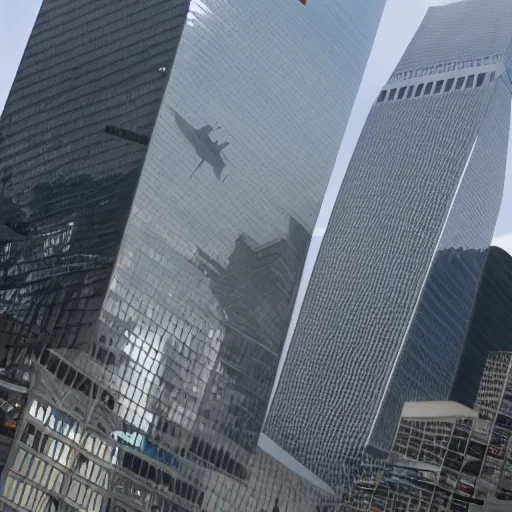 Image similar to Barney the Dinosaur flying a 777 right into one of the world trade center buildings