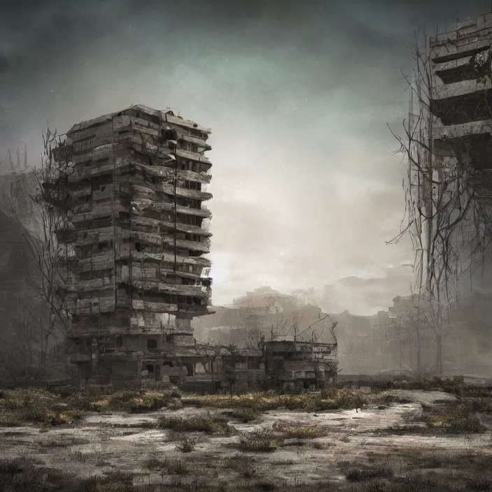 Prompt: a building in a serene landscape, post - apocalyptic fiction