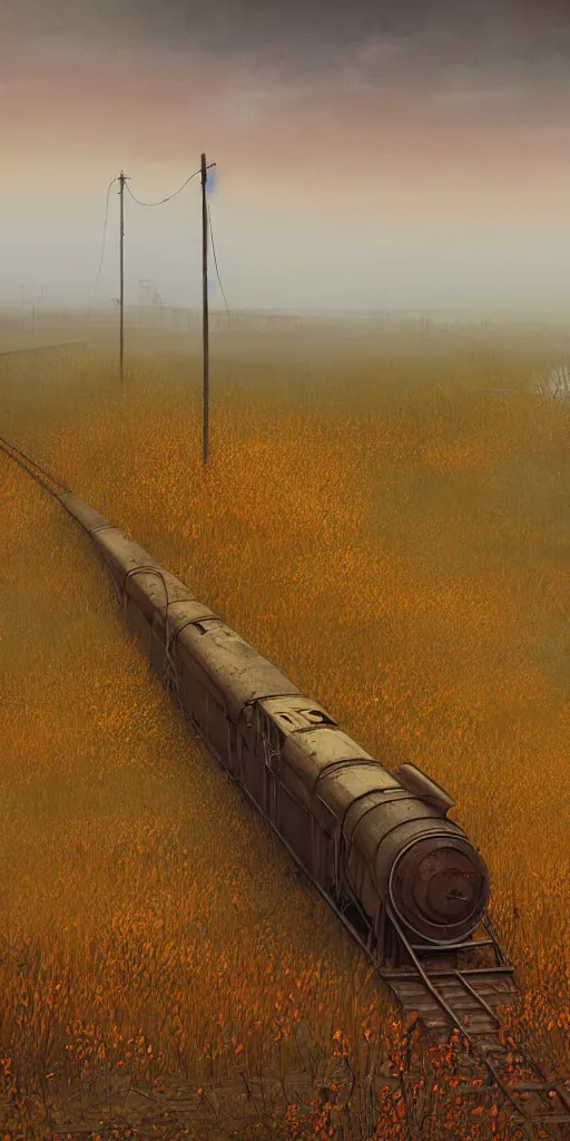 Prompt: rusty old railroad, in the steppe, autumn field, misty background, from the game pathologic 2, highly detailed, sharp focus, matte painting, by isaac levitan and asher brown durand,