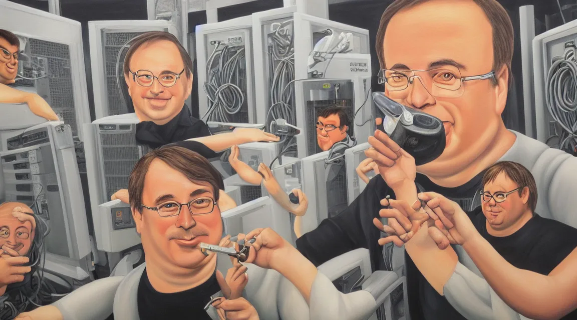 Prompt: Wallpaper of Linus Torvalds in a datacenter painted by fernando botero