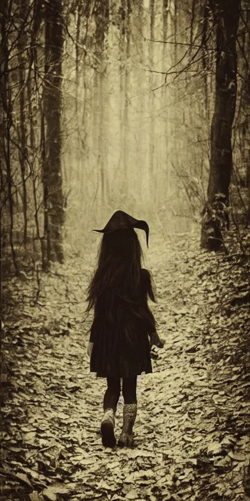 Image similar to found photo of a young witch girl with long hair walking away from the camera in a forest, magical dark and spooky, flash photography