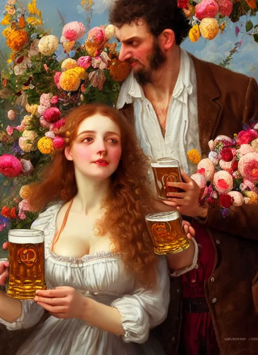 Prompt: man and woman in octoberfest invite card, beer glasses, strudels and birthday presents surrounded by flowers, realistic, highly detailed, digital illustration, trending in artstation, classical painting, smooth, sharp focus art by ilya repin