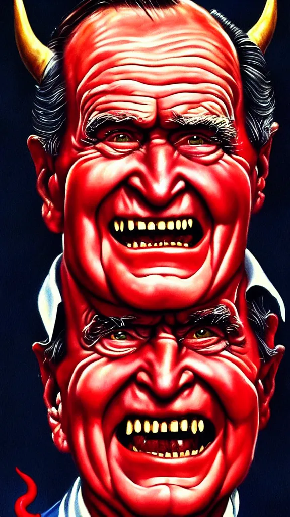 Image similar to demonic george hw bush with red horns, painting in the style of norman rockwell, 1 9 5 0 s, evil, satan, devil, demonic, demon, hyperrealistic, photorealistic, award - winning, 4 k, ultra hd, artstation, intricate, highly detailed, american, usa, dark, gritty