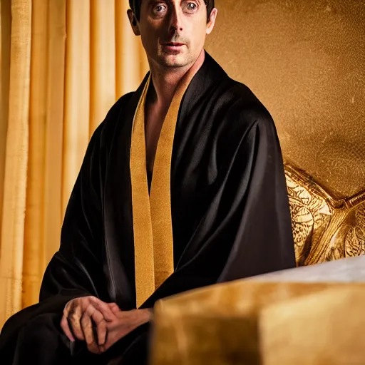 Image similar to mathew goode wearing black robe and golden necklace cinematic photoshoot high quality highly affordable photo realistic 8 k hd