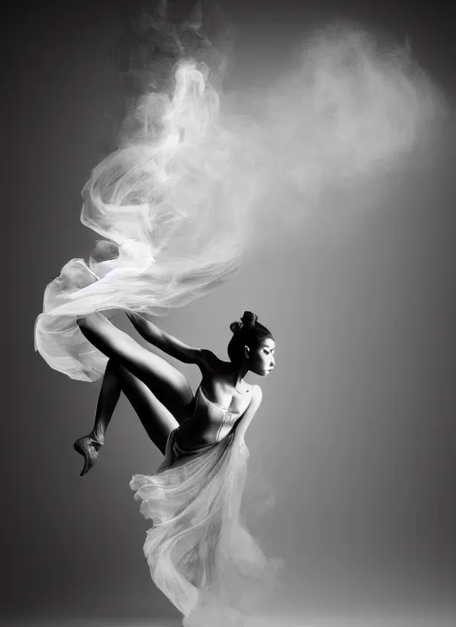 Image similar to a Photorealistic dramatic hyperrealistic render of a beautiful Female smoke dancer by Ken Brower and Deborah Ory of NYC Dance project,Lois Greenfield,Flowing cloth and smoke,Beautiful dynamic dramatic dark moody lighting,volumetric,shadows,cinematic atmosphere,Octane render,8K