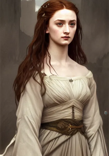 Image similar to portrait of little pretty sansa stark, intricate, elegant, highly detailed, digital painting, artstation, concept art, smooth, sharp focus, illustration, art by artgerm and greg rutkowski and alphonse mucha and william - adolphe bouguereau