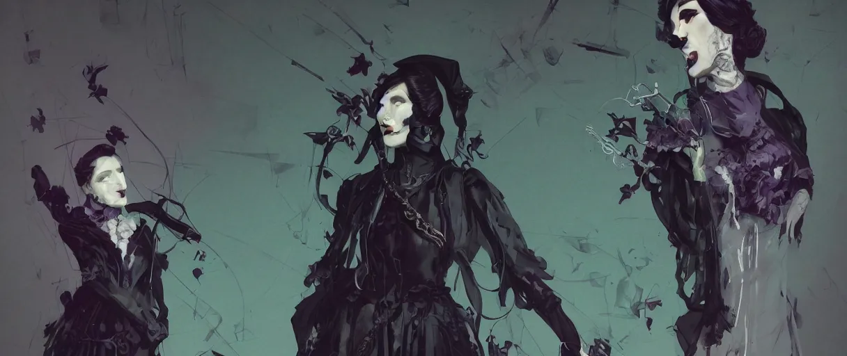 Image similar to duotone black and dark lilac dark olive green background comic noir illustration 3 / 4 view of portrait of iris von everec in dark gothic funeral clothes by sachin teng and sergey kolesov and ruan jia and heng z. graffiti art, scifi, fantasy, hyper detailed. octane render. concept art. trending on artstation