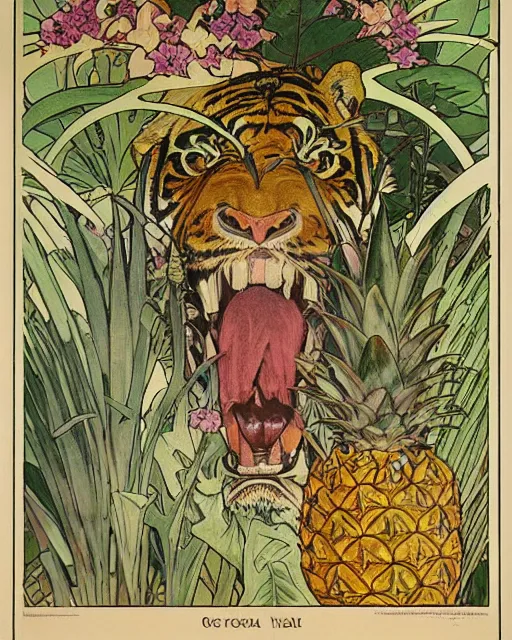 Prompt: Poster of a tiger skull with pineapple leaves growing out of the top art surrounded by varities of flowers, cell shading, by Alphonse Mucha, Moebius, hiroshi yoshida, Art Nouveau, colorful, ultradetailed, vivid colour, 3d