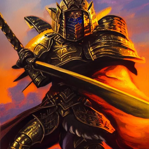 Image similar to A highly detailed matte acrylic painting of a heavily armored paladin wielding a very bright glowing gold sword, fighting in a huge battle at dusk.