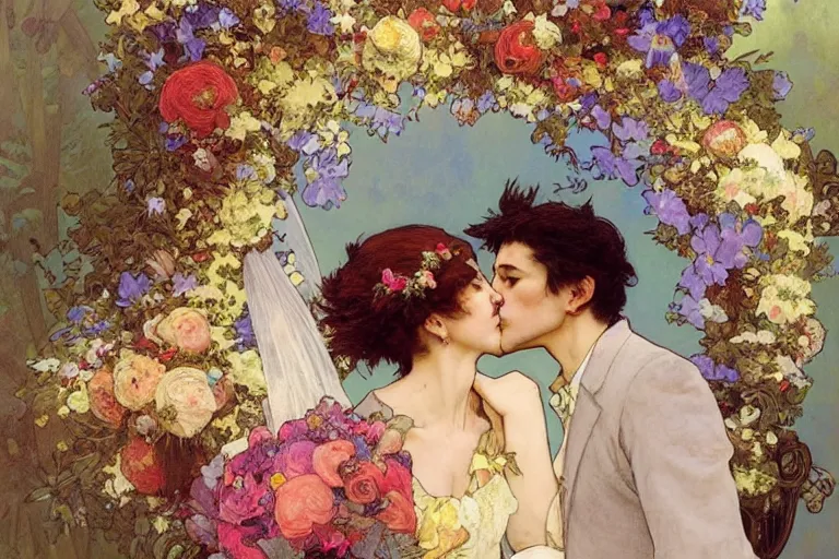 Image similar to the groom kisses the bride at a wedding full of flowers, bright and happy, dreamlike art, highly detail, 4 k realistic, wedding photoy krenz cushart. artem demura. alphonse mucha. yoji shinkawa artgerm. jon lothian. danilo torres. adi meyers. thomas reimann. gaston bussiere.