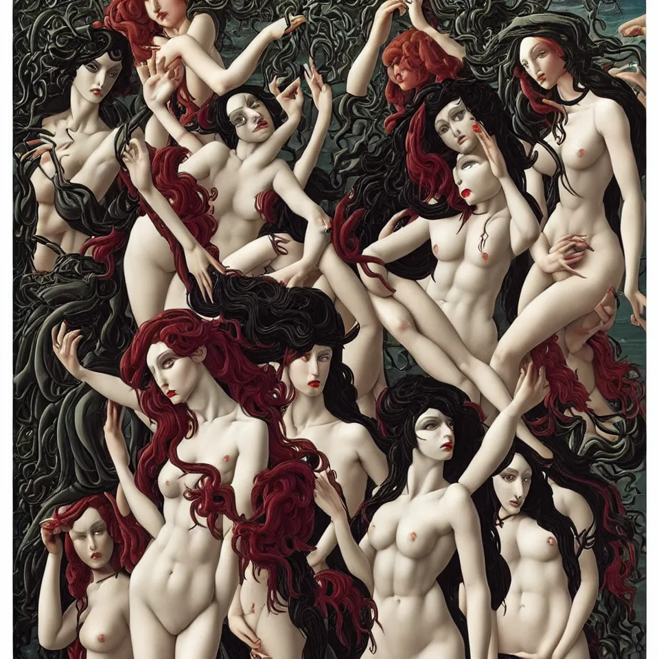 Image similar to 12 figures representing the sins, 3 are Gluttony, 3 are Pride, 3 are Envy, and 3 are Wrath, in a mixed style of Botticelli and Æon Flux, inspired by pre raphaelite paintings, and cyberpunk!!!, stunningly detailed, stunning inking lines, flat colors, 4K photorealistic.