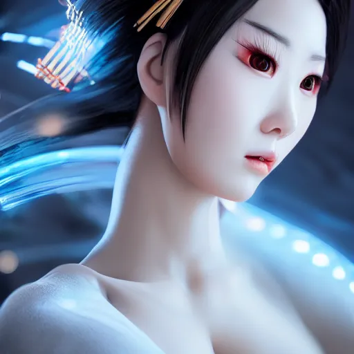 Prompt: a portrait of a full body beautiful asian cyber geisha, young, space horror, hyper - realistic, very detailed, intricate, very sexy pose, slight smile expression, photo realistic, dramatic cinematic lighting, octane render, 4 k, ultra detailed