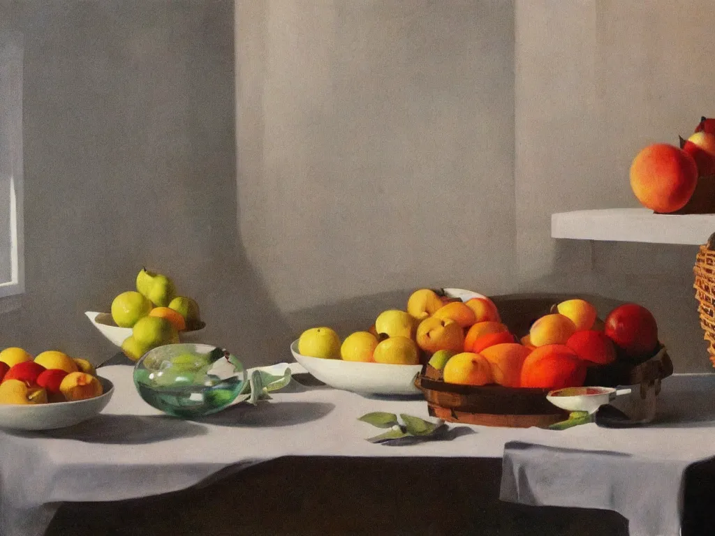 Image similar to 70s living room table with fruit basket, fine art, still life, the shinning stanley kubrick, god ray, cinematic, realistic, detailed, close up, volumetric lighting, painting in the style of Edward Hopper