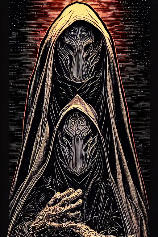 Image similar to wizard in a hooded cloak holding a vile, high details, intricately detailed, by vincent di fate, inking, 3 color screen print, masterpiece, trending on artstation,, sharp, details, hyper - detailed, hd, 4 k, 8 k