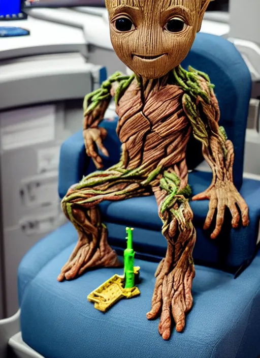 Prompt: baby groot sitting in the captains chair of the uss enterprise, photo realistic