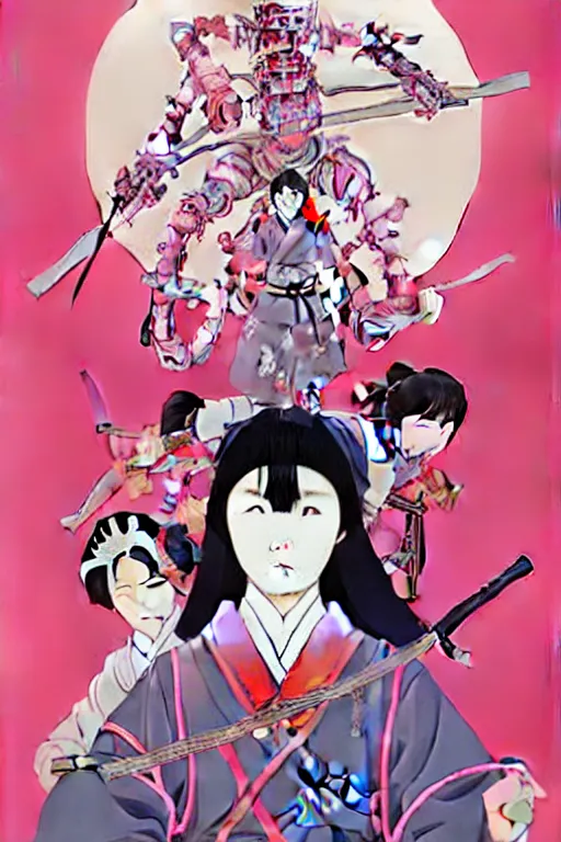 Image similar to Artwork by James Jean, Phil noto and hiyao Miyazaki ; (1) a young Japanese future samurai police lady named Yoshimi battles an (1) enormous evil natured carnivorous pink robot on the streets of Tokyo; Japanese shops and neon signage; crowds of people running; Art work by hiyao Miyazaki, Phil noto and James Jean