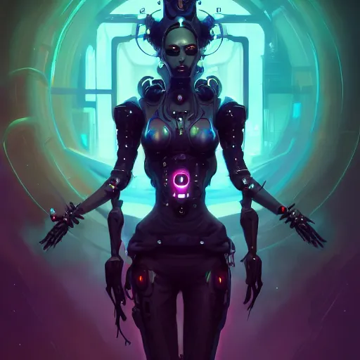 Prompt: portrait of a beautiful goth cybernetic emanation, cyberpunk concept art by pete mohrbacher and wlop and artgerm , digital art, highly detailed, intricate, sci-fi, sharp focus, Trending on Artstation HQ, deviantart, volumetric lighting, unreal engine 5, 4K UHD image