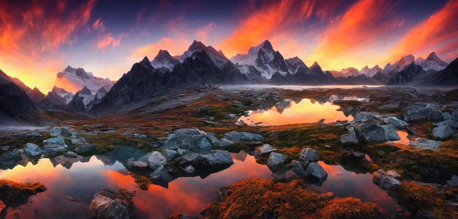 Image similar to amazing landscape photo of mountains with lake in sunset by marc adamus, beautiful dramatic lighting