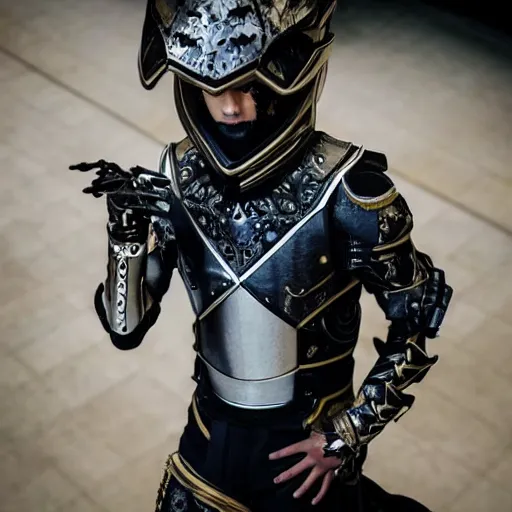 Image similar to High angle shot of Austin Butler dressed in futuristic-baroque duelist-garb and carbon-armor, standing in an arena, XF IQ4, f/1.4, ISO 200, 1/160s, 8K, RAW, unedited, symmetrical balance, face in-frame