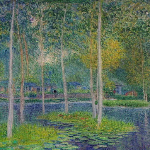 Prompt: A small lake's edge jungle village with houses built in the tree tops, matte painting, trending on art station, Monet, Van Rysselberghe