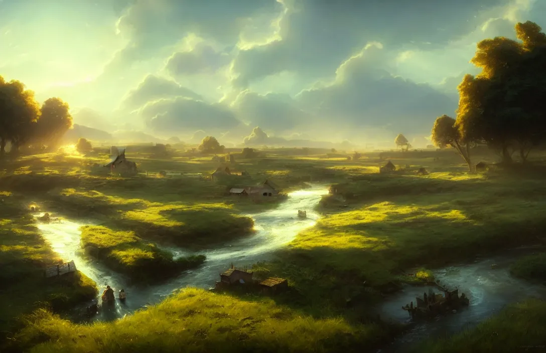 Prompt: river flowing past a country village, flat fields in the background, blue sky, fantasy, concept art, high angle, highly detailed, warm lighting, volumetric, godrays, vivid, trending on artstation, by jordan grimmer, greg rutkowski