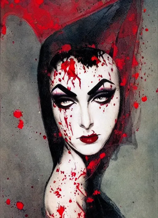 Image similar to portrait of bald iranian vampiress, jeweled veil, strong line, saturated color, beautiful! coherent! by frank frazetta, high contrast, blood splatter background