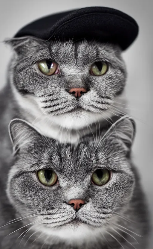 Image similar to front portrait photo of scottish fold cat wearing a black military hat, pure grey fur, highly detailed, high resolution, cosplay photo, stunning, bokeh soft, trending on instagram, by professional photographer, soldier clothing, american military uniform, shot with a canon