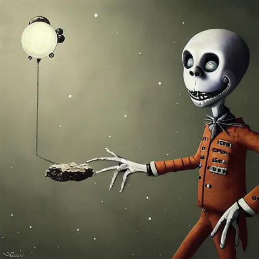 Prompt: michal karcz surrealism grunge Pastel painting of the end of an astronaut happy in the galaxy. , in the style of jack skellington, in the style of a clown, loony toons style, horror theme, detailed, elegant, intricate, 4k, Renaissance painting