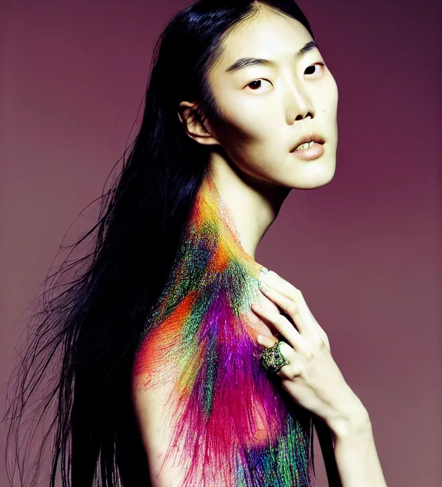 Image similar to photography american portrait of liu wen, natural background, sensual lighting, natural fragile pose, wearing stunning dress by iris van herpen, with a colorfull makeup. highly detailed, skin grain detail, photography by paolo roversi, nick knight, helmut newton, avedon, araki