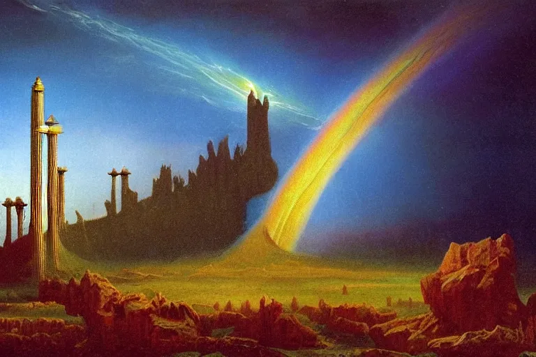 Image similar to cosmic convergence landscape in the style of dr. seuss, tower of babylon, painting by albert bierstadt