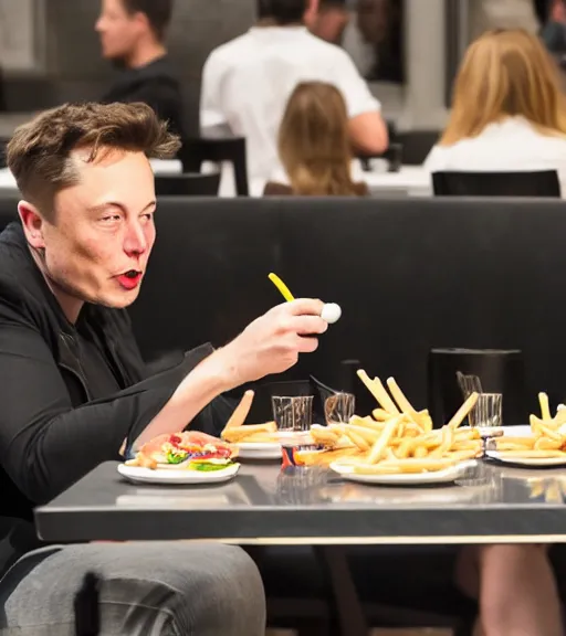 Image similar to an award winning photo of elon musk eating!! crayons!!!!!!, crayons!!!!! as ( ( french ) ) ( ( fries ) ), gourmet restaurant, 4 k, high quality