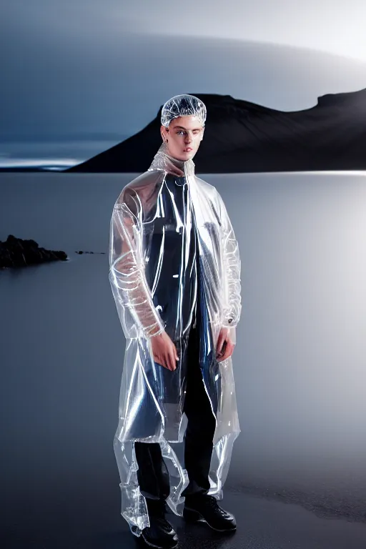 Image similar to an ultra high definition professional high fashion portrait studio full length photograph of a male model wearing a transparent pearlescent raincoat and neon visor in an icelandic black rock environment at dawn. no artefacts. extremely detailed. stark. refraction. shallow depth of field. volumetric light and shadow. ray tracing. light rays.