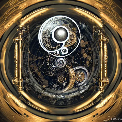 Image similar to a beautiful intricate fine art close-up photo of a mechanical industrial steampunk cybernetic yin yang symbol, overgrown with morning glory flowers, Montserrat leaves by tom bagshaw and zach sutton, golden ratio composition, studio lighting, 50mm lens, very detailed, bionic, cybernetic scifi, deep depth of field, artstation, 8K, highly coherent