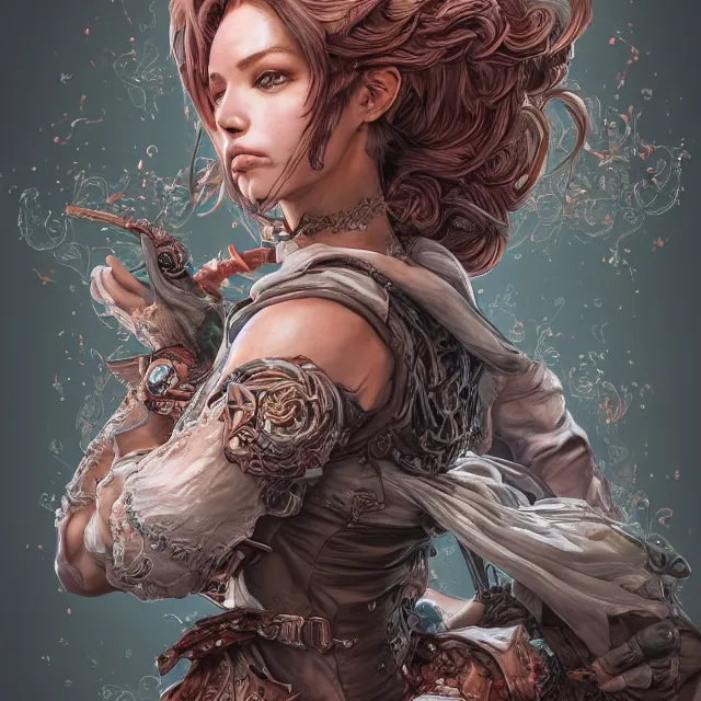 Image similar to the portrait of chaotic neutral female rogue as absurdly beautiful, gorgeous, elegant, innocent young woman, an ultrafine hyperdetailed illustration by kim jung gi, irakli nadar, intricate linework, bright colors, octopath traveler, final fantasy, unreal engine 5 highly rendered, global illumination, radiant light, detailed and intricate environment