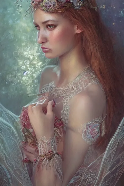 Image similar to portrait of beautiful fairy women clothed in beads and lace, by mandy jurgens, gorgeous, elegant