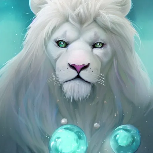 Image similar to aesthetic portrait commission of a albino male furry anthro lion under a lavender bubble filled while wearing a cute mint colored cozy soft pastel winter outfit with pearls on it, winter Atmosphere. Character design by charlie bowater, ross tran, artgerm, and makoto shinkai, detailed, inked, western comic book art, 2021 award winning painting