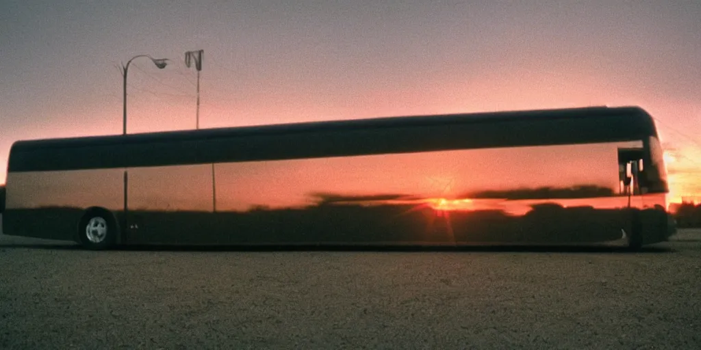 Image similar to an infinitely long greyhound bus never ending, sunset, eerie vibe, leica, 2 4 mm lens, cinematic screenshot from the 2 0 0 1 surrealist film directed by charlie kaufman, kodak color film stock, f / 2 2, 2 4 mm wide angle anamorphic